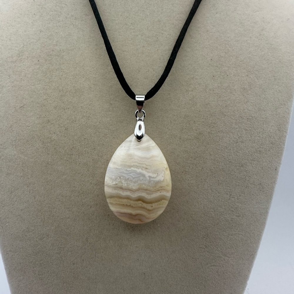 Banded Agate Teardrop Pendant Necklace on Black Satin Cord - Picture 7 of 7